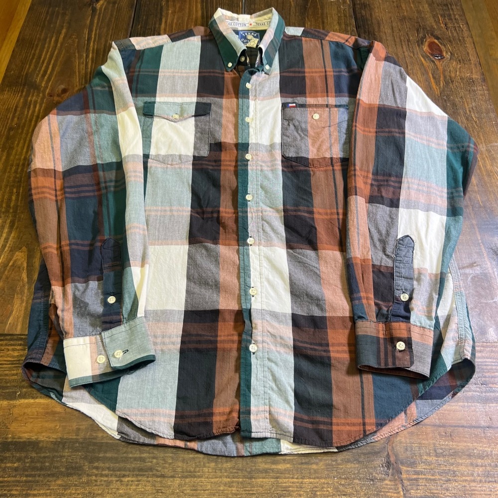 Texas Cotton Mens Plaid Button Down Shirt Large Green Brown made‎ in USA